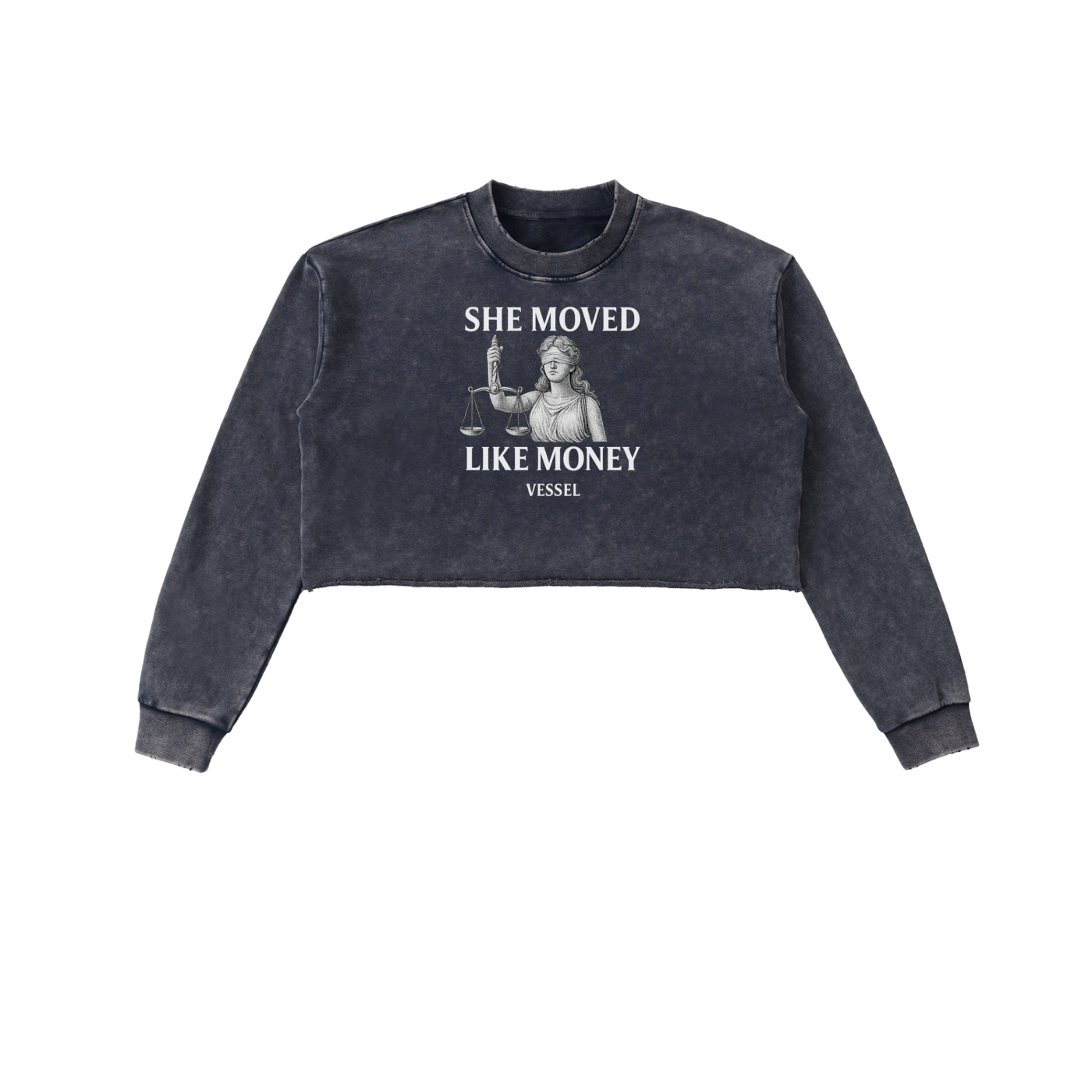 SHE MOVED LIKE MONEY - Snow Washed Raw Edge Cropped Sweatshirt