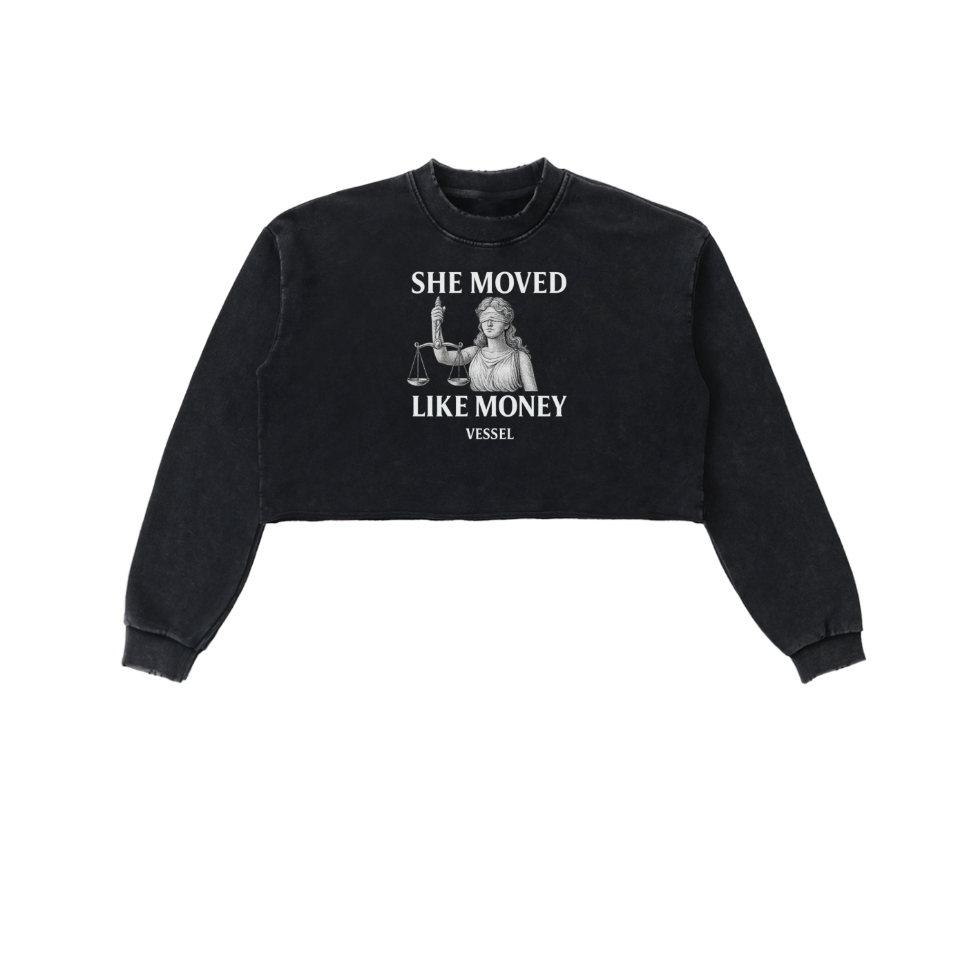 SHE MOVED LIKE MONEY - Snow Washed Raw Edge Cropped Sweatshirt