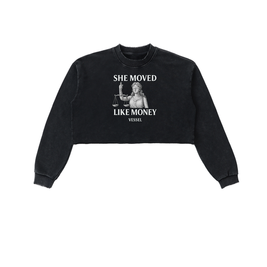SHE MOVED LIKE MONEY - Snow Washed Raw Edge Cropped Sweatshirt